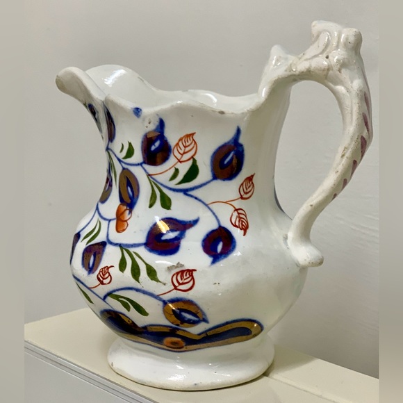 19th Century Antique Gaudy Welsh Vine  Pattern Lustreware Jug Handled Pitcher - Picture 9 of 16